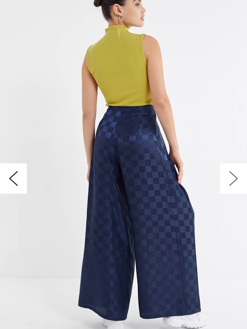 Urban Outfitters Navy Check Satin Wide-Leg Tie Waist Pants - Picture 2 of 5
